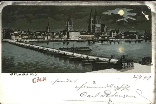 Coeln Rhein Schiffbruecke Dom im Mondschein Kat. Koeln
