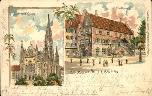 Muehlhausen Elsass Stadthaus u.Protest. Kirche Kat. Mulhouse