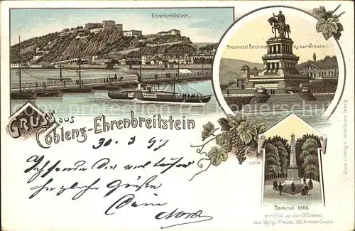 Coblenz Koblenz Festung Ehrenbreitstein Provinzialdenkmal Kaiser Wilhelm Denkmal 1886  Kat. Koblenz Rhein