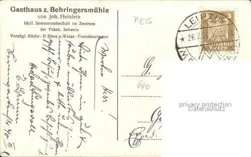 Behringersmuehle Gasthaus z. Behringesmuehle / Goessweinstein /Forchheim LKR
