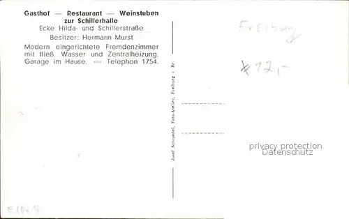 Freiburg Breisgau Gasthof Restaurant Weinstuben zur Schillerhalle / Freiburg im Breisgau /Breisgau-Hochschwarzwald LKR