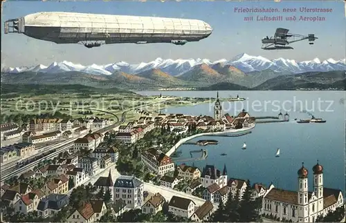 Friedrichshafen Bodensee Zeppelin und Flughzeug Seepanorama mit Alpen / Friedrichshafen /Bodenseekreis LKR