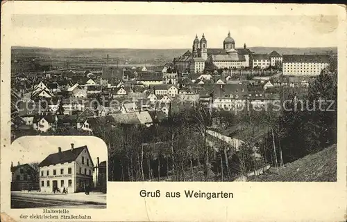 Weingarten Wuerttemberg Teilansicht mit Kloster Haltestelle elektrische Strassenbahn / Weingarten /Ravensburg LKR