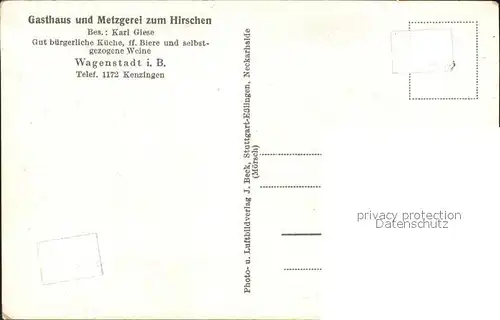 Wagenstadt Gasthaus Metzgerei zum Hirschen Karl Giese / Herbolzheim /Emmendingen LKR