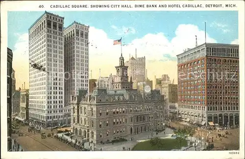 Detroit Michigan Cadillac Square City Hall Dime Bank Hotel Cadillac Kat. Detroit