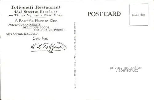 New York City Toffenetti Restaurant Broadway / New York /