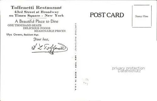 New York City Toffenetti Restaurant Broadway / New York /