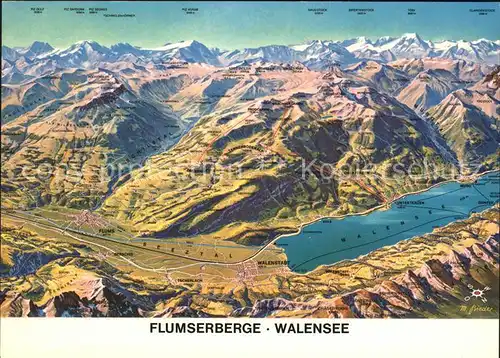 Walensee mit Flumserbergen Panoramakarte Kat. Walenstadt