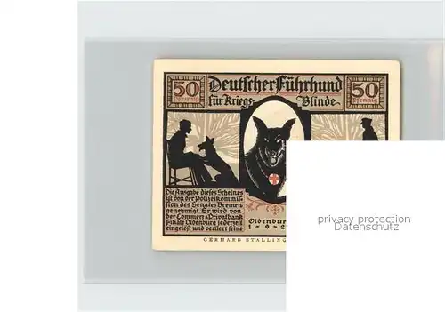 Oldenburg Niedersachsen 50 Pfennig Gutschein Deutscher Fuehrhund fuer Kriegsblinde Kat. Oldenburg (Oldenburg)