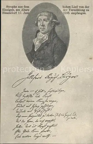 Bissendorf Hannover Gottfried August Buerger Portrait Unterschrift Strophe aus dem Einzigen Kat. Wedemark