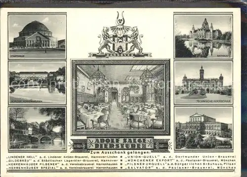 Hannover Adolf Salge Bierstuben Wappen Stadthalle Rathaus Hochschule Opernhaus Leine Schloss Herrenhausen Kat. Hannover
