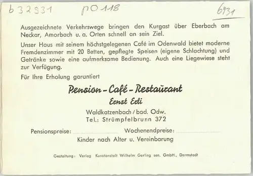 Waldkatzenbach Waldkatzenbach Cafe Ernst Erli keine Postkarte Werbekarte * / Waldbrunn /Neckar-Odenwald-Kreis LKR