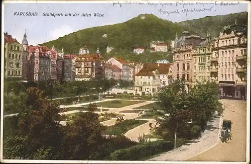 Karlsbad Eger Boehmen Schildpark und Alte Wiese Feldpost Kat. Karlovy Vary