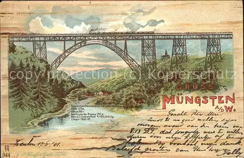 Muengsten Kaiser Wilhelm Bruecke Eisenbahn Kuenstlerkarte Kat. Remscheid
