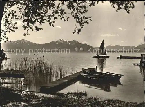 Chiemsee Uferpartie Steg Boot Blick zum Hochfelln und Hochgern Chiemgauer Alpen Kat. Chiemsee