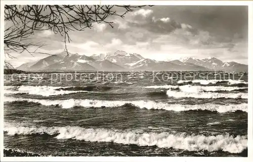 Chieming Chiemsee Uferpartie Sturm Brandung Blick zur Hochplatte und Kampenwand Chiemgauer Alpen / Chieming /Traunstein LKR