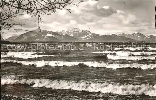 Chieming Chiemsee Sturm Brandung Blick zur Hochplatte und Kampenwand Chiemgauer Alpen Alpenpanorama / Chieming /Traunstein LKR