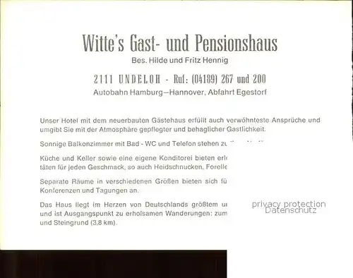 Undeloh Wittes Gasthaus Pension im Naturschutzpark Lueneburger Heide Kat. Undeloh