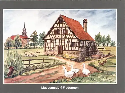 Fladungen Bauernhof Kirche Tiere Museumsdorf Kuenstlerkarte Motiv Herbert Schneider Kat. Fladungen