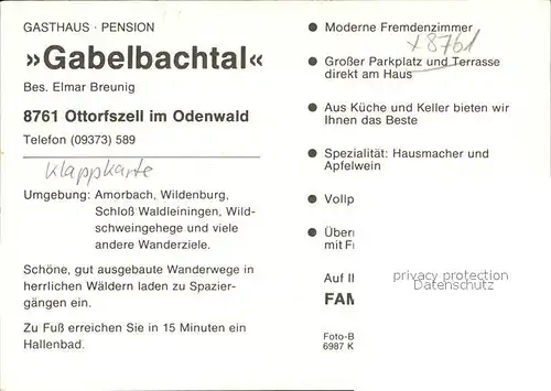 Ottorfszell Ortsansicht Gasthaus Pension Gabelbachtal Klappkarte Kat. Kirchzell