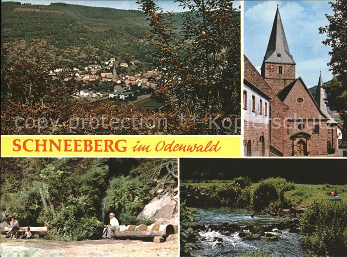 Schneeberg Unterfranken Gesamtansicht Odenwald Kirche Partie am Bach