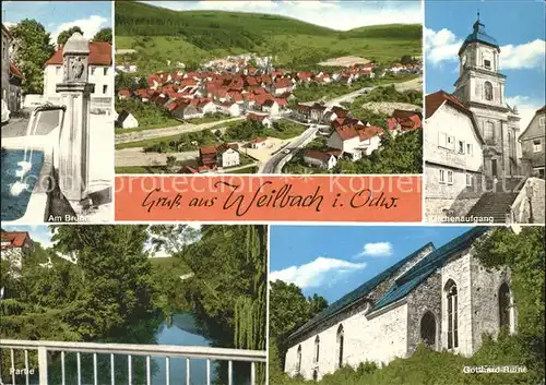 Weilbach Unterfranken im Odenwald Brunnen Kirche Gotthard Ruine Partie am Fluss Kat. Weilbach