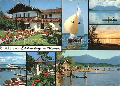 Chieming Chiemsee Gaestehaus Pension Gartenterrasse Segelboot Paddelboot Strand Hafen Abendstimmung Hochfelln Chiemgauer Alpen / Chieming /Traunstein LKR