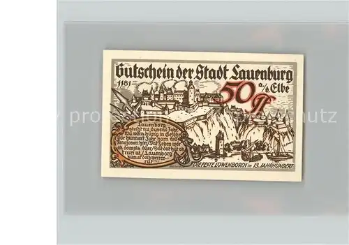 Lauenburg Elbe 50 Pfennig Gutschein Feste Lowenborch Burg 13. Jahrhundert Kat. Lauenburg  Elbe