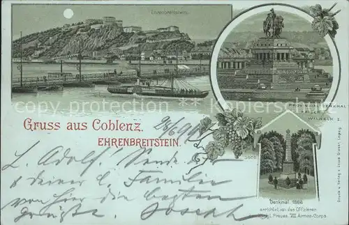 Ehrenbreitstein Denkmal Seitenraddampfer Kat. Koblenz