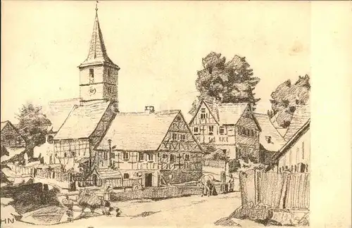 Hilgartshausen Partie an der Kirche Kuenstlerkarte Kat. Rot am See