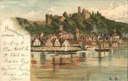 Hirschhorn Neckar Ortsansicht vom Neckar aus Burg Kat. Hirschhorn (Neckar)