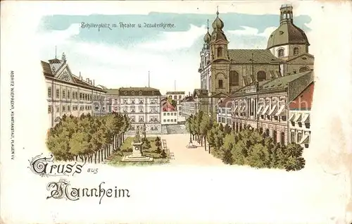 Mannheim Schillerplatz Theater und Jesuitenkirche Kat. Mannheim
