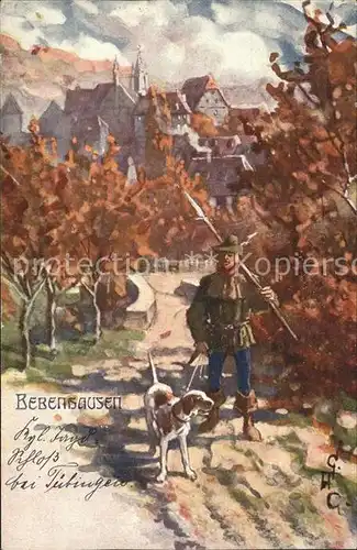 Bebenhausen Tuebingen Mann mit Hund im Wald Kuenstlerkarte Kat. Tuebingen