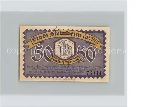 Steinheim Westfalen 50 Pfennig Schein Kat. Steinheim