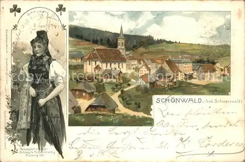 Schoenwald Schwarzwald Teilansicht mit Kirche u.Schoenwaelder Trachtenmaedchen Kat. Schoenwald im Schwarzwald