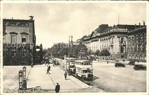 Berlin Unter den Linden Denkmal Friedrich der Grosse Staatsbibliothek Doppelbus Kupfertiefdruck Kat. Berlin