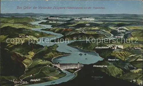 Waldeck Edersee Gebiet der Waldecker Talsperre aus der Vogelschau Stausee Kunstdruckkarte No. 2 Kat. Edertal