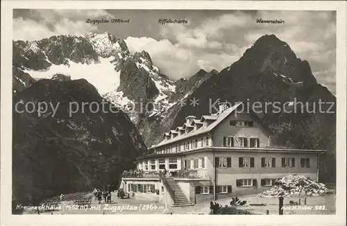 Garmisch Partenkirchen Kreuzeckhaus mit Zugspitze Kat. Garmisch Partenkirchen