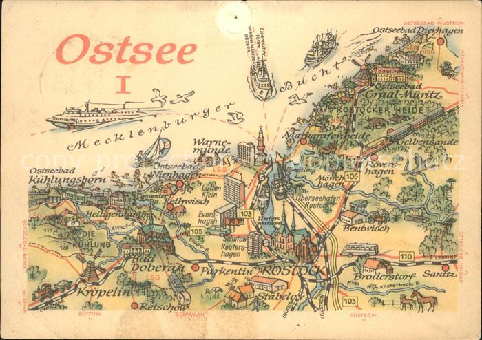 Warnemuende Ostseebad Landkarte Ostseekueste Kat. Rostock Nr. hf39023