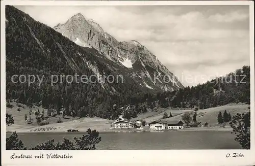 Lautersee Mittenwald Panorama mit Wetterstein Kat. Mittenwald