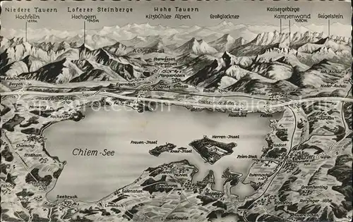 Chiemsee Panorama Karte mit Alpen aus der Vogelschau Kat. Chiemsee