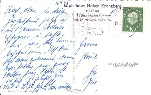 Mittenwald Bayern Kranzberghaus Berghuette Wettersteinspitze Huber Karte Nr. 790 Kat. Mittenwald