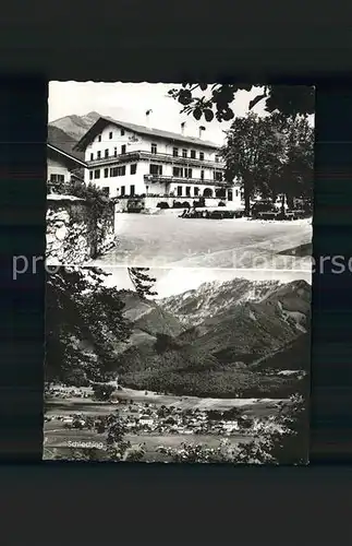 Schleching Gasthof Metzgerei Zur Post Gesamtansicht mit Alpenpanorama Kat. Schleching