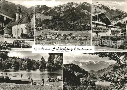 Schleching Kirche Gesamtansicht Kampenwand Zellerhorn Zellersee Streichenkapelle Kaisergebirge Kat. Schleching