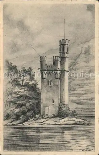 Bingen Rhein Maeuseturm Bleistiftzeichnung Nr. 2 Kuenstlerkarte W. Albert Kat. Bingen am Rhein