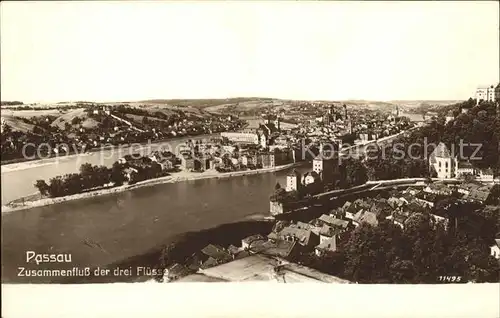 Passau Zusammenfluss der drei Fluesse Donau Inn Ilz Kat. Passau
