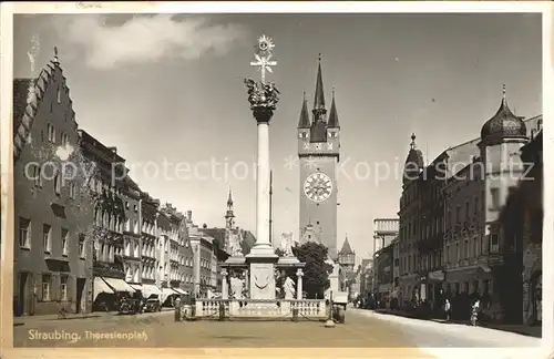 Straubing Theresienplatz Dreifaltigkeitssaeule Stadtturm Kat. Straubing