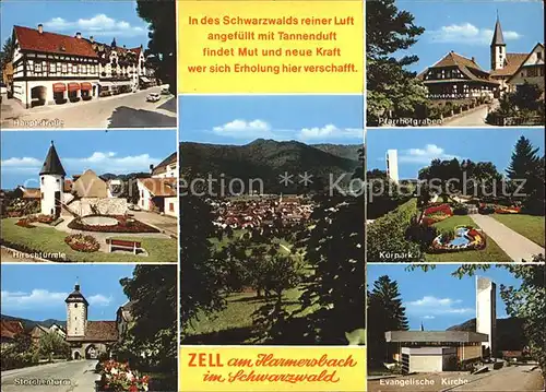 Zell Harmersbach Hauptstrasse Hirschtuermle Storchenturm Pfarrhofgraben Kurpark Kirche Kat. Zell am Harmersbach