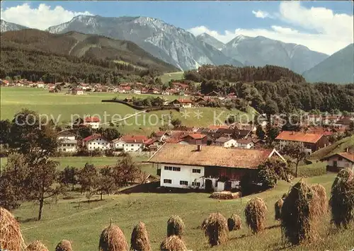 Eisenaerzt Gesamtansicht mit Rauschberg und Sonntagshorn Chiemgauer Alpen Bauernhof Heuernte Kat. Siegsdorf