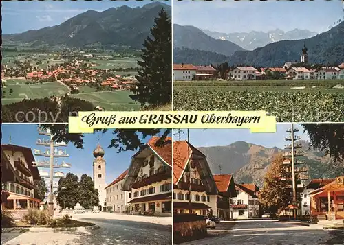 Grassau Chiemgau Gesamtansicht mit Alpenpanorama Strassenpartie Maibaum Kat. Grassau